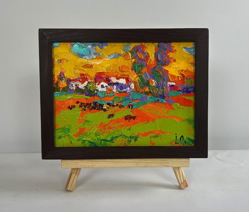 Original Oil Painting Summer Field Landscape In the sunny meadows