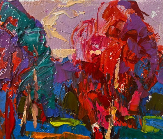 Image 1 of Original Oil Painting Fall Forest Landscape Autumn touches the field