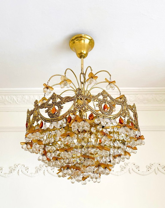 Image 1 of Vintage kristallen fruitkroonluchter – Murano-stijl oranje glas – Messing – 5 lampen – Gemaakt in Spanje