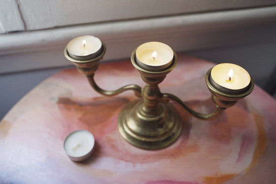 Image 1 of Solid Brass Vintage Candelabra, Bronze-Tone Three-Arm Candle Holder