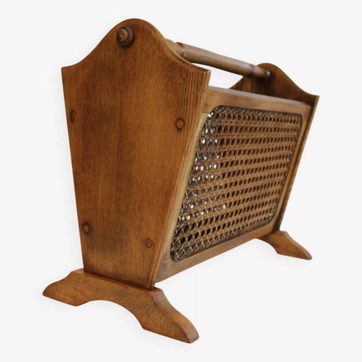 Seite 1 von 6 Vintage-Zeitschriftenständer aus Holz und Rohrgeflecht, 50er Jahre.