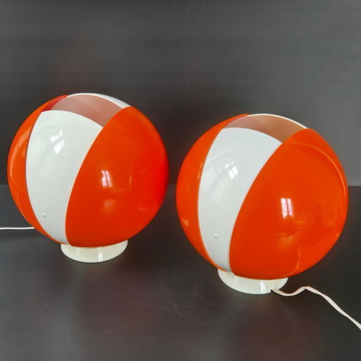 PAIRE DE LAMPES VINTAGE 1960 SPACE AGE PLASTIQUE ORANGE & BLANC 60S ANNEES 60