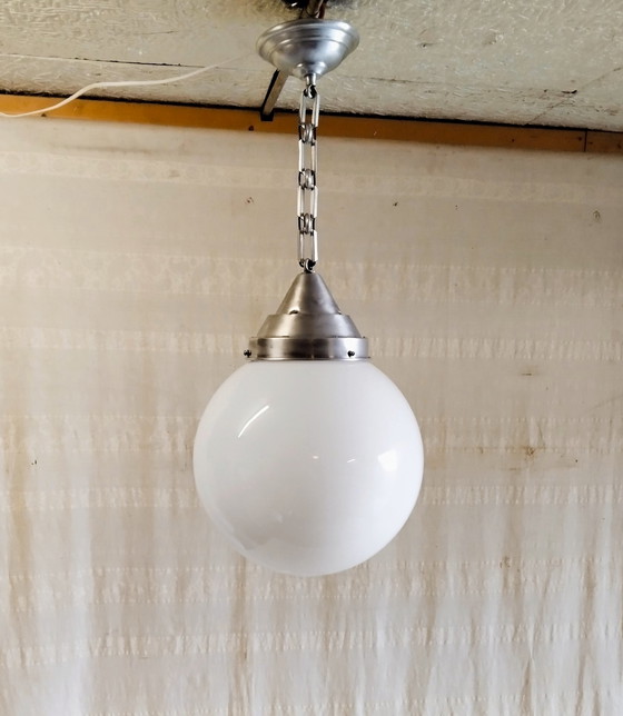 Image 1 of XXL opal glass globe industrial pendant light - 1940s/50s