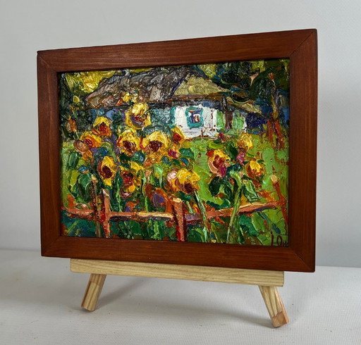 Original Oil Painting Country Flowers Landscape There are sunflowers in the yard