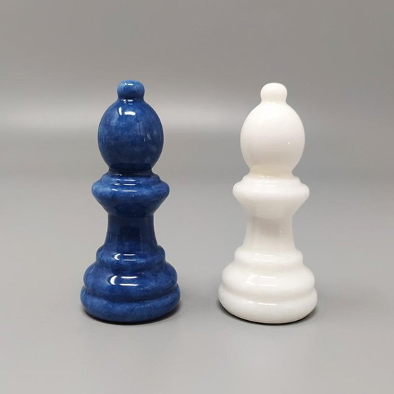 Image 1 of 1970s Elegant Blue and White Chess Set in Volterra Alabaster Handmade. Made in Italy