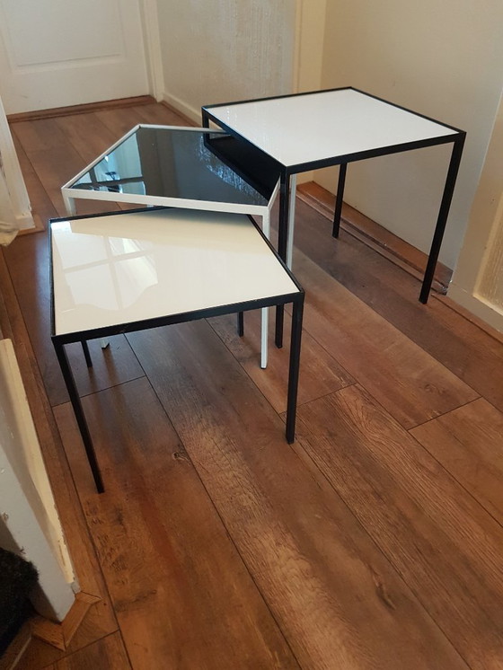 Image 1 of Set of 3 Artimeta nesting tables real Opaline glass on steel