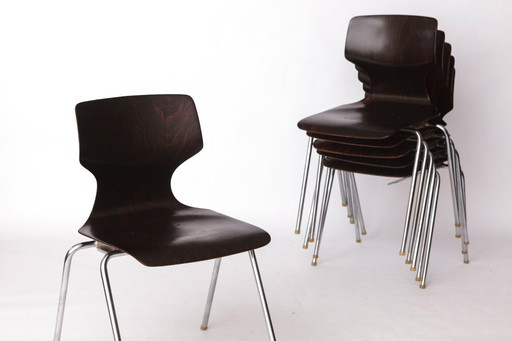 6 Flötotto Pagwood Chairs – German Design Classic, 1970s, Chrome & Plywood