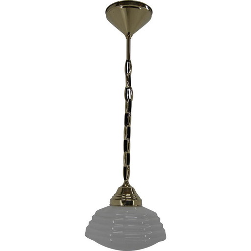 Lampada a sospensione vintage in ottone e vetro opalino in stile Art Nouveau, anni '20