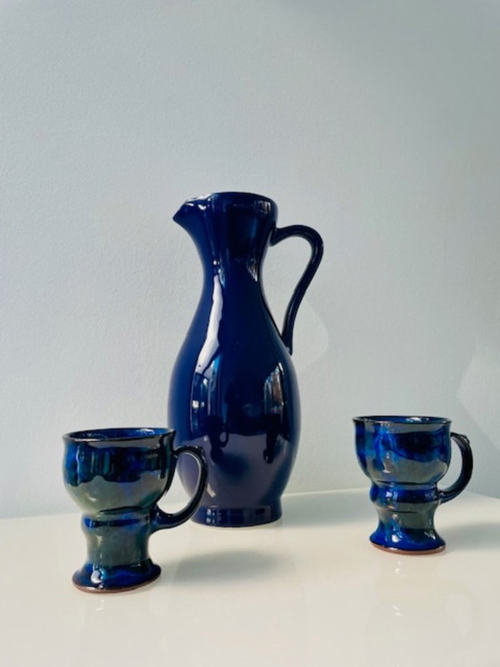 Image 1 of Servizio da tè scandinavo in ceramica blu cobalto: brocca e 2 tazze.
