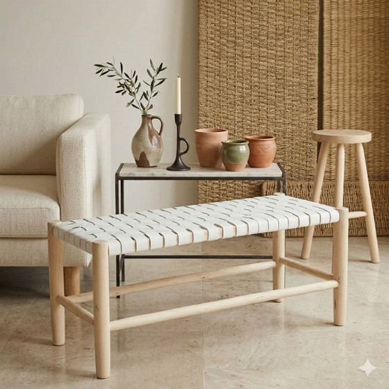 Image 1 of Banc bohème en bois – Banc d'appoint artisanal en bois massif pour la décoration du salon, de l'entrée et de la chambre