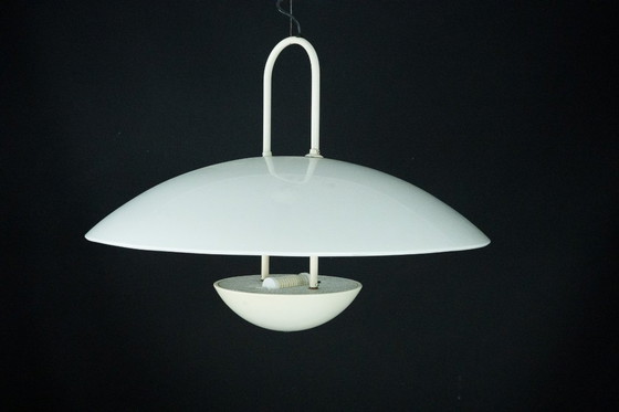 Image 1 of Vintage 1990s White Pendant Lamp with Glass Top Shade. Italy