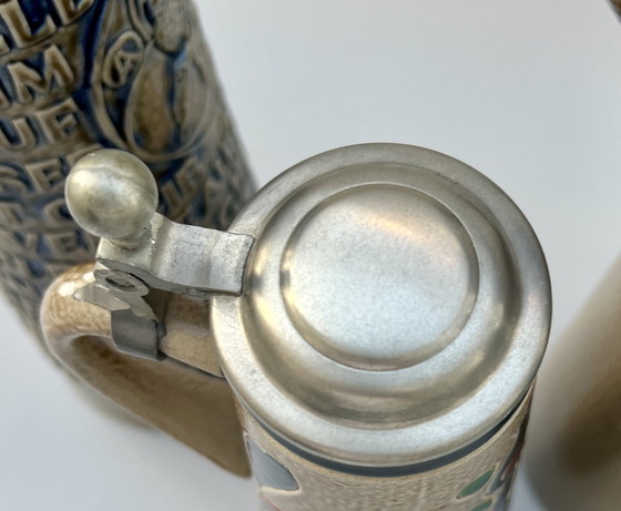 Image 1 of Lot de 4 chopes à bière vintage originales en grès avec couvercles en étain – König / GERZ – Allemagne, années 1970-1980