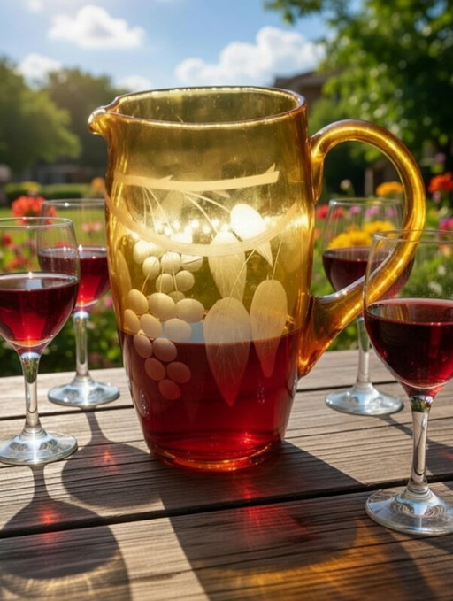 Brocca da vino vintage boema color ambra con incisione a grappolo d'uva.