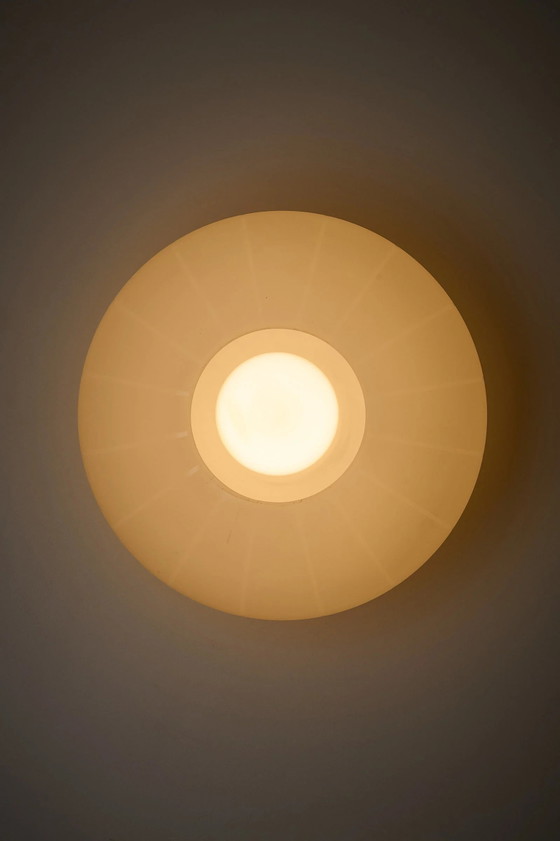 Large Striped Opaline Glass Flush Mount Ceiling Light, Metal, White (photo 7 of 11)
