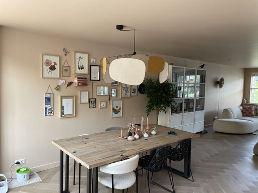 Tafel eikenhouten wagonplanken avec stalen poten