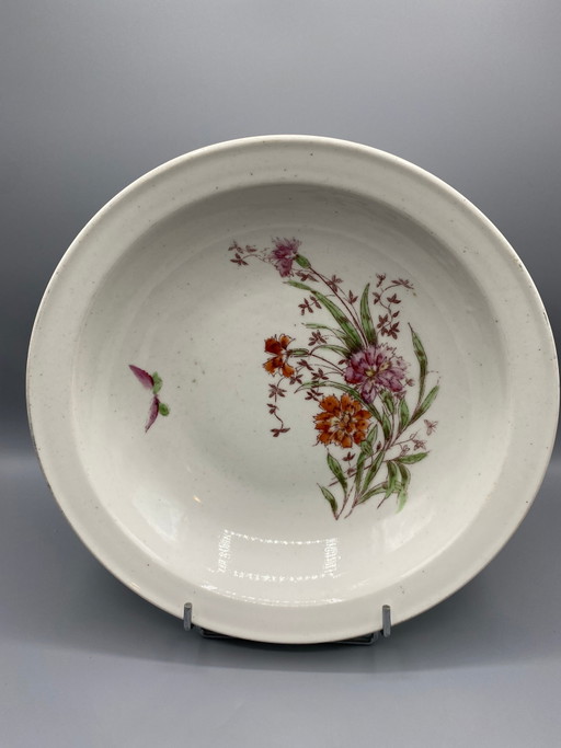 Grand bol ancien en faïence, décor d'œillets et de fleurs sauvages – servies