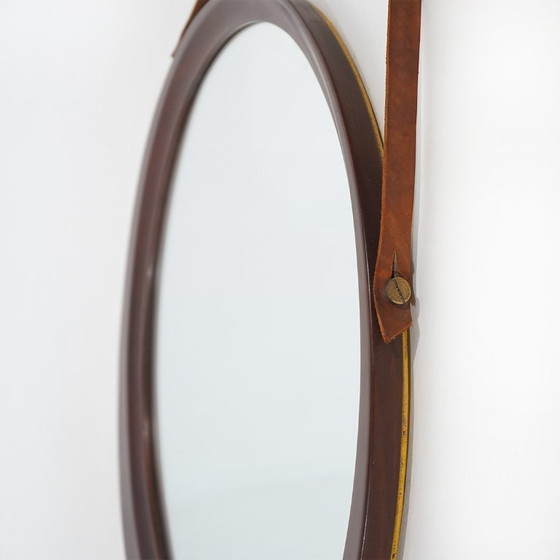 Ronde wandspiegel met leren band, jaren 60 – Glass, Leather (photo 9 of 13)