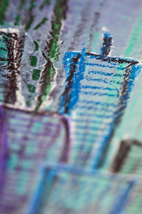 Image 1 of Contemporary paintig in teal, purple and green shades, acrylic on canvas