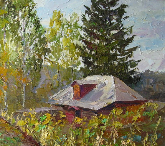 Original Ölgemälde Ländliche Landschaft Dorfhaus Sonnenblumen – Gemälde & Zeichnungen, Canvas (photo 4 of 8)