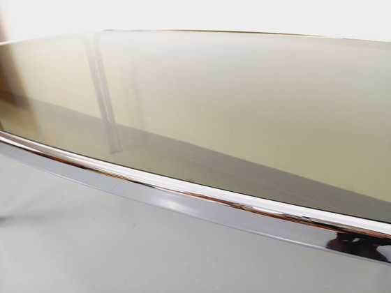 Image 1 of Incurved Rectangular Dining Table in Smoked Glass and Chrome Metal 70's Space Age Style