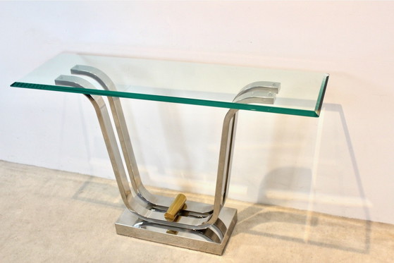 Console Minimaliste Courbée en Acier Inoxydable, Laiton et Verre, Doré (photo 3 sur 12)