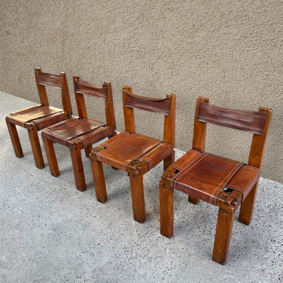 Set di 4 sedie di Pierre Chapo, 1960, Sedie da pranzo, Pelle, Marrone (foto 6 di 12)