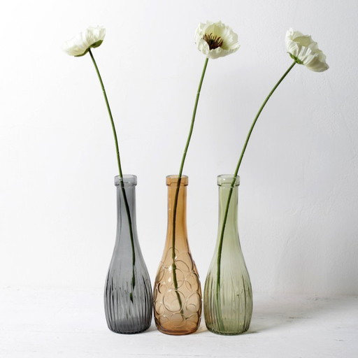 Set of 3 Grey, Green and Amber Glass Vases / Colored Bottles or Flower Vases / Ikea / 2000s