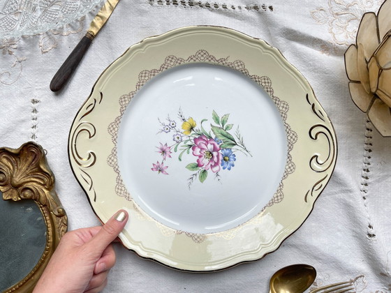 Vintage floraal wit geel goud porseleinen taartschaal L'Amandinoise 38754 Frankrijk jaren 50 – Servies (photo 2 of 6)
