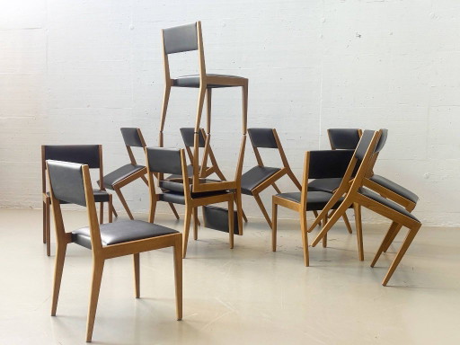 Sillas tapizadas vintage de madera de haya, década de 1960. – eetkamerstoelen, Wood, Leather
