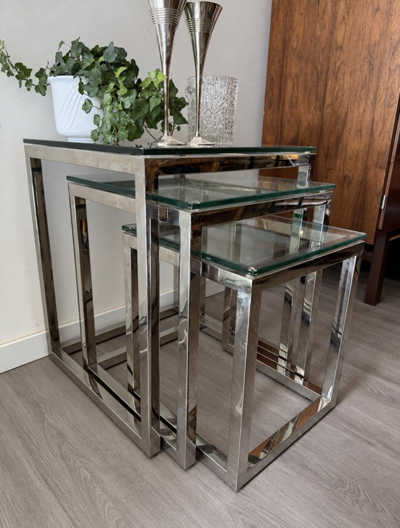Mid Century Modern Mimi Set Cromo Vetro Tavolini – Chrome, Glass (photo 6 of 8)