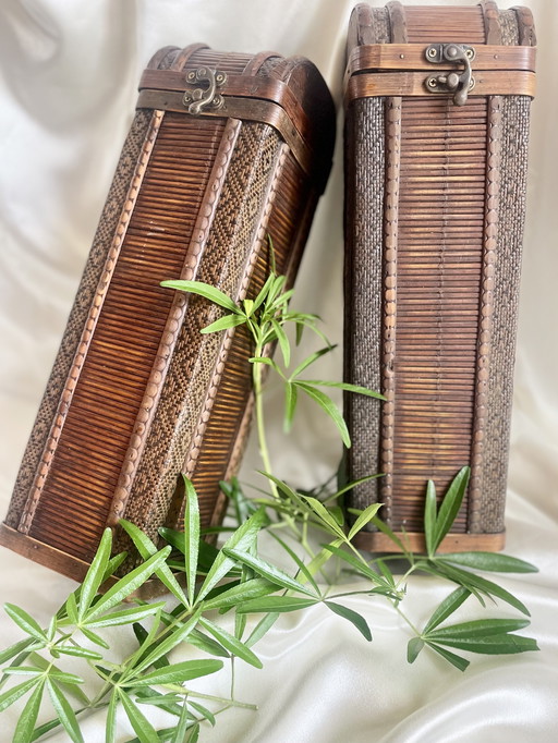 Duo of vintage bottle cases in wood and wicker - handcrafted antique boxes, decorative bottle holders, rustic style