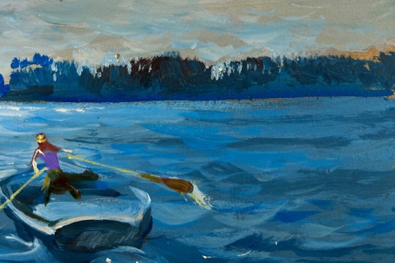 Image 1 of Origineel olieverfschilderij: Avondlandschap aan de rivier. 's Avonds in een boot.
