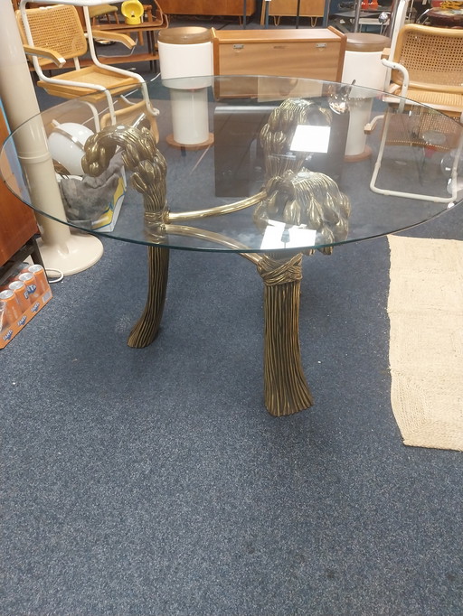 1x Willy Daro Hollywood Regency dining table with glass top 120cm 1970's