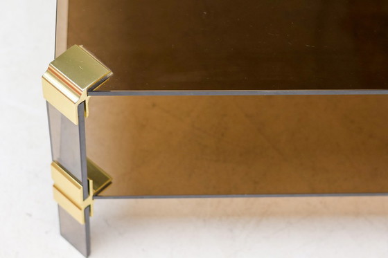 Image 1 of HOLLYWOOD REGENCY BRASS & SMOKED GLASS COFFEE TABLE CHIC TWO TIER END TABLE
