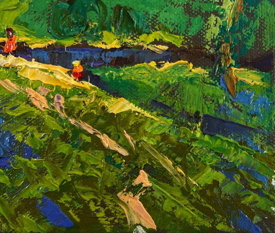 Image 1 of Original Oil Painting Evening Nature Landscape Summer vacation and field paths
