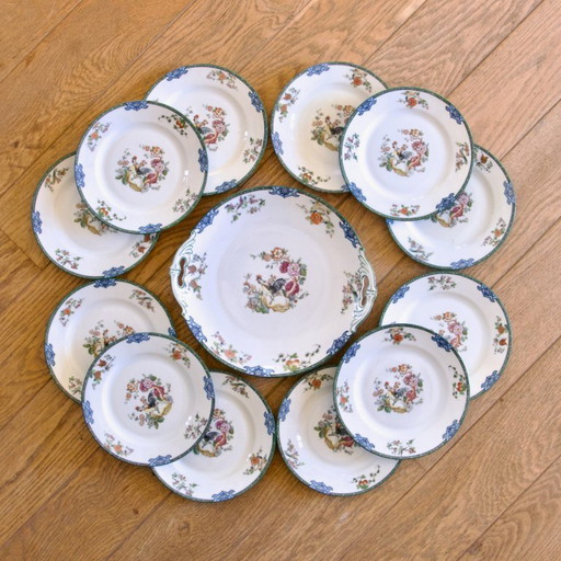Vintage 1930s porcelain dinner service decorated with birds, butterflies and a rooster