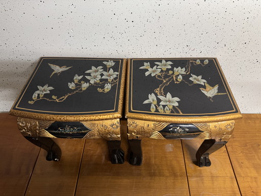 Elegant Set of 2 Oriental Side Tables with Enchanting Painting