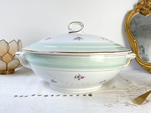 Soupière Vintage en Porcelaine Florale Blanche et Verte des Années 50 Salins 66