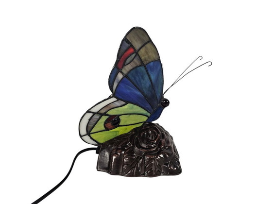 Image 1 of Tiffany stijl - vlinder - tafellamp - glas-in lood - 3e kwart 20e eeuw