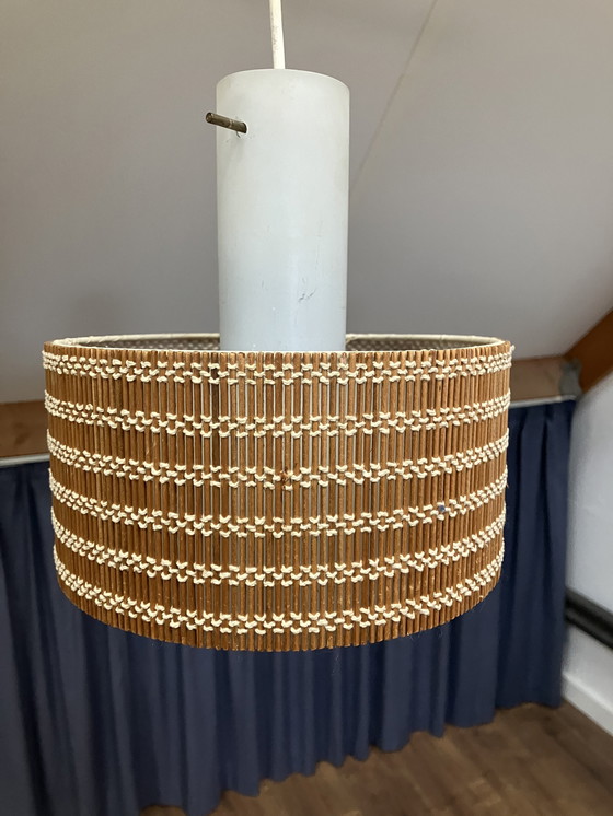 Image 1 of Vintage Scandinavische hanglamp met teak hout en houten kap