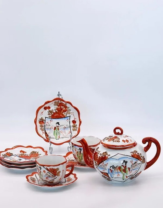 Image 1 of Service à thé Kutani japonais ancien du XXe siècle – Porcelaine peinte à la main