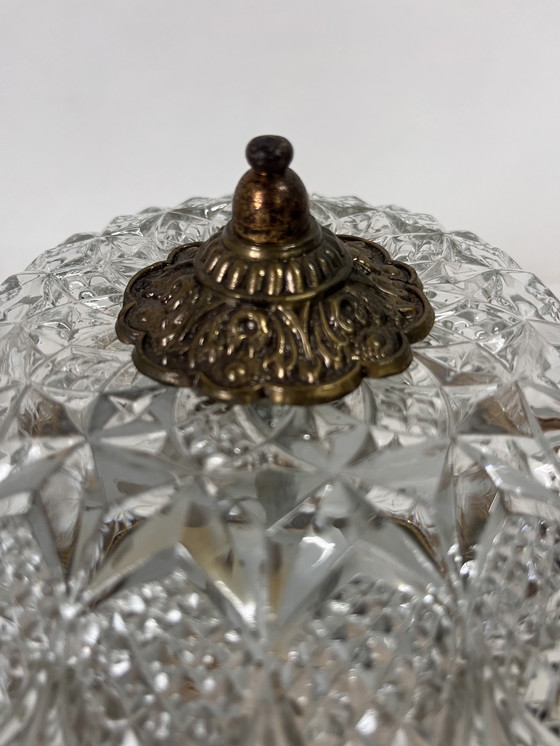 Image 1 of Vintage Hollywood Regency plafonnière messing met kristal glas kap