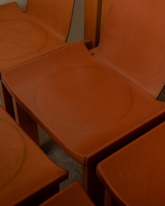 Image 1 of Brutalistische iep en lederen eetkamerstoelen van Giovanni Luigi Gorgoni voor Roche Bobois, jaren 70, set van 7