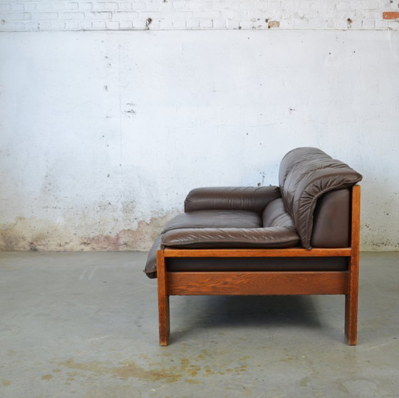 Image 1 of 1x 2 seat leather couch in wooden frame