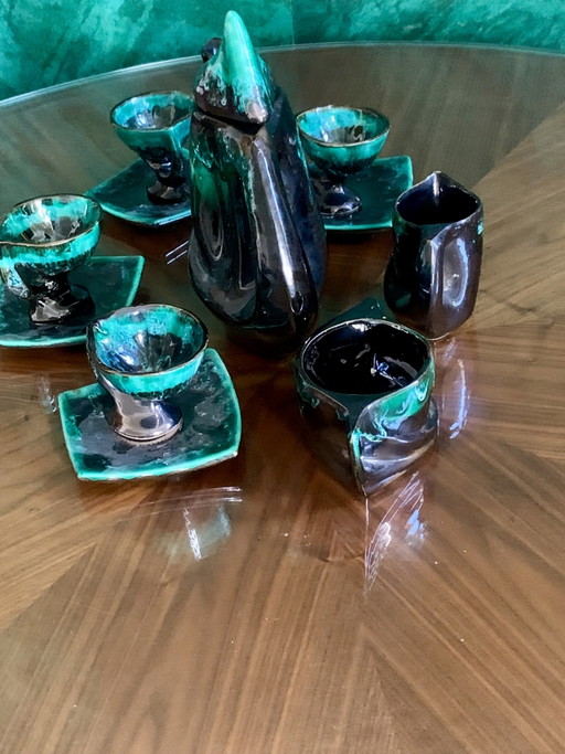 Service À Café / Thé Sculptural Vallauris Vintage — Émail Vert Émeraude Réactif & Noir Profond (Années 1950–1960)