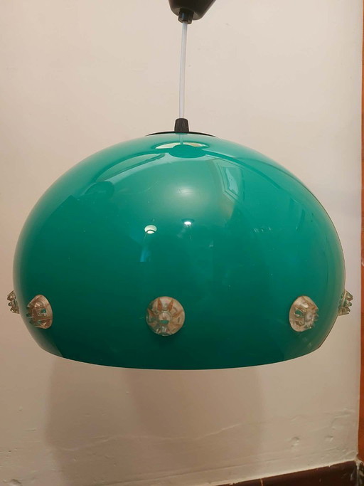 Lampada a sospensione verde in stile Space Age, lampada a forma di UFO, anni '70