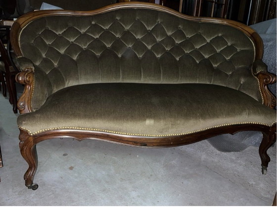 Antique Mahogany Biedermeier Sofa – Velvet, Wood (photo 3 of 8)