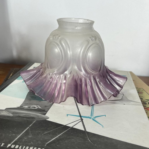 Antigua pantalla de lámpara tulipán de cristal transparente con borde violeta para lámpara aplique araña
