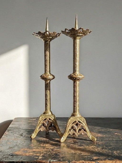 Large pair of antique gilt bronze candlesticks, 19th-century Gothic style