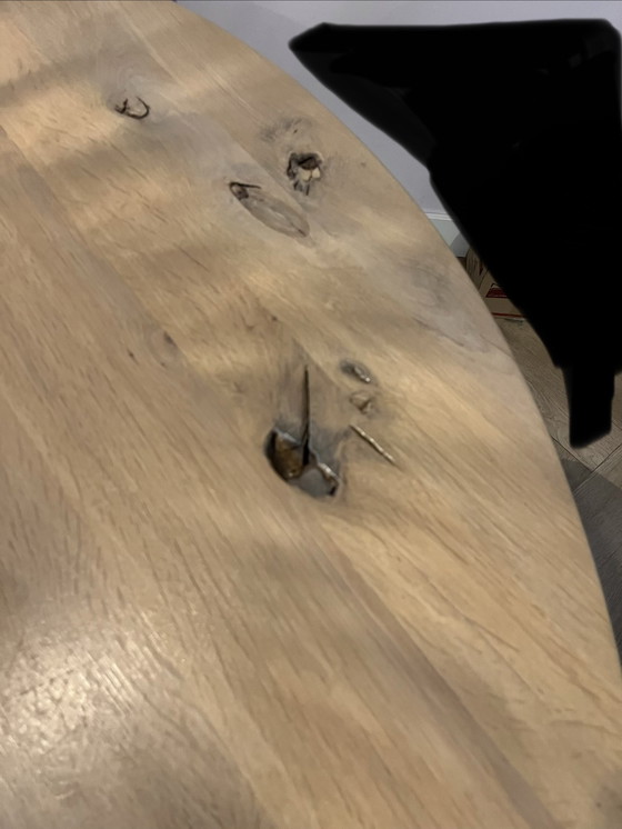 Image 1 of Round oak wooden dining table with industrial steel legs